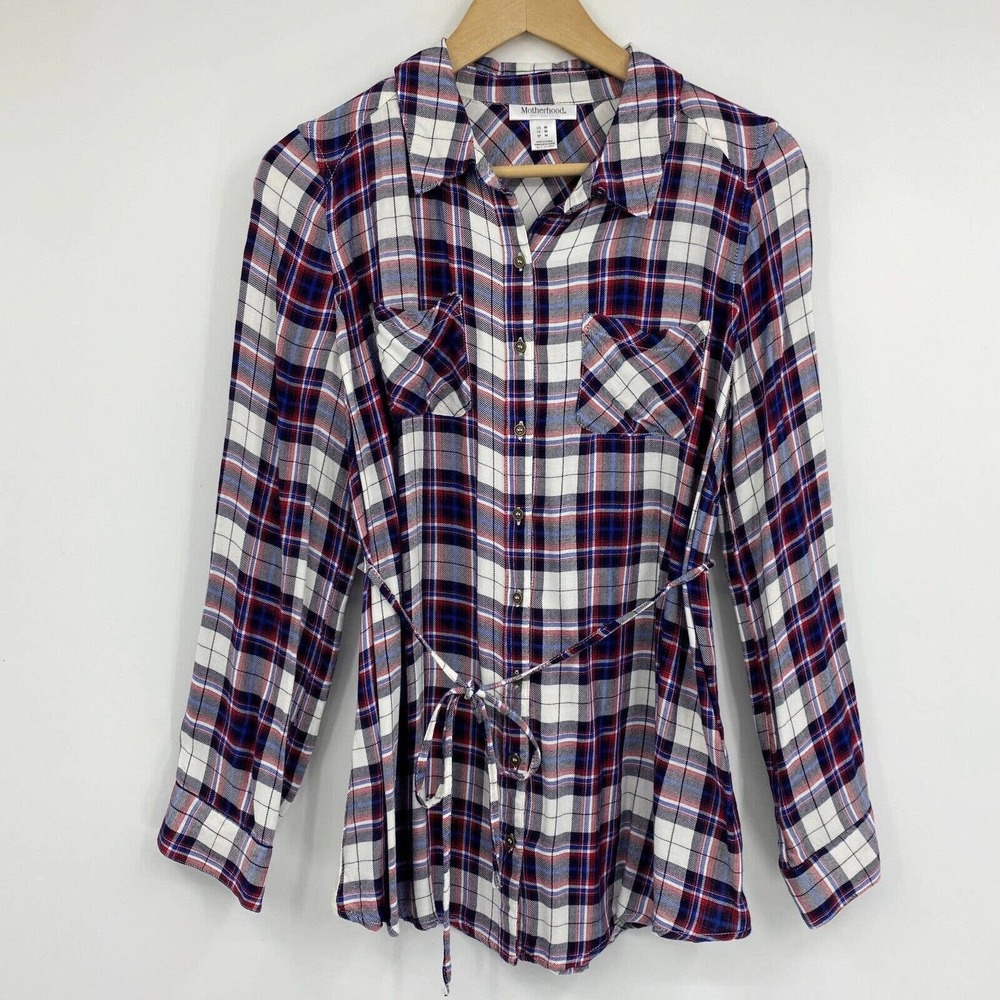 Motherhood Maternity Roll Tab Sleeve Button Up Tunic Red Blue White Plaid Sz M